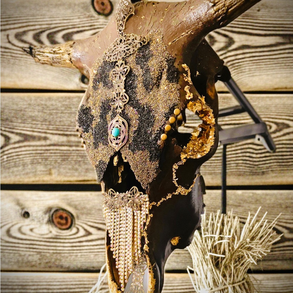 Decorated Cow Skull - Handcrafted Dark Brown
& Gold Art Piece